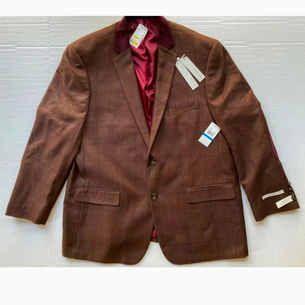 Perry Ellis Mens Blazer Sport Coat Jacket Modern Fit 48R Highlander Brown Wine